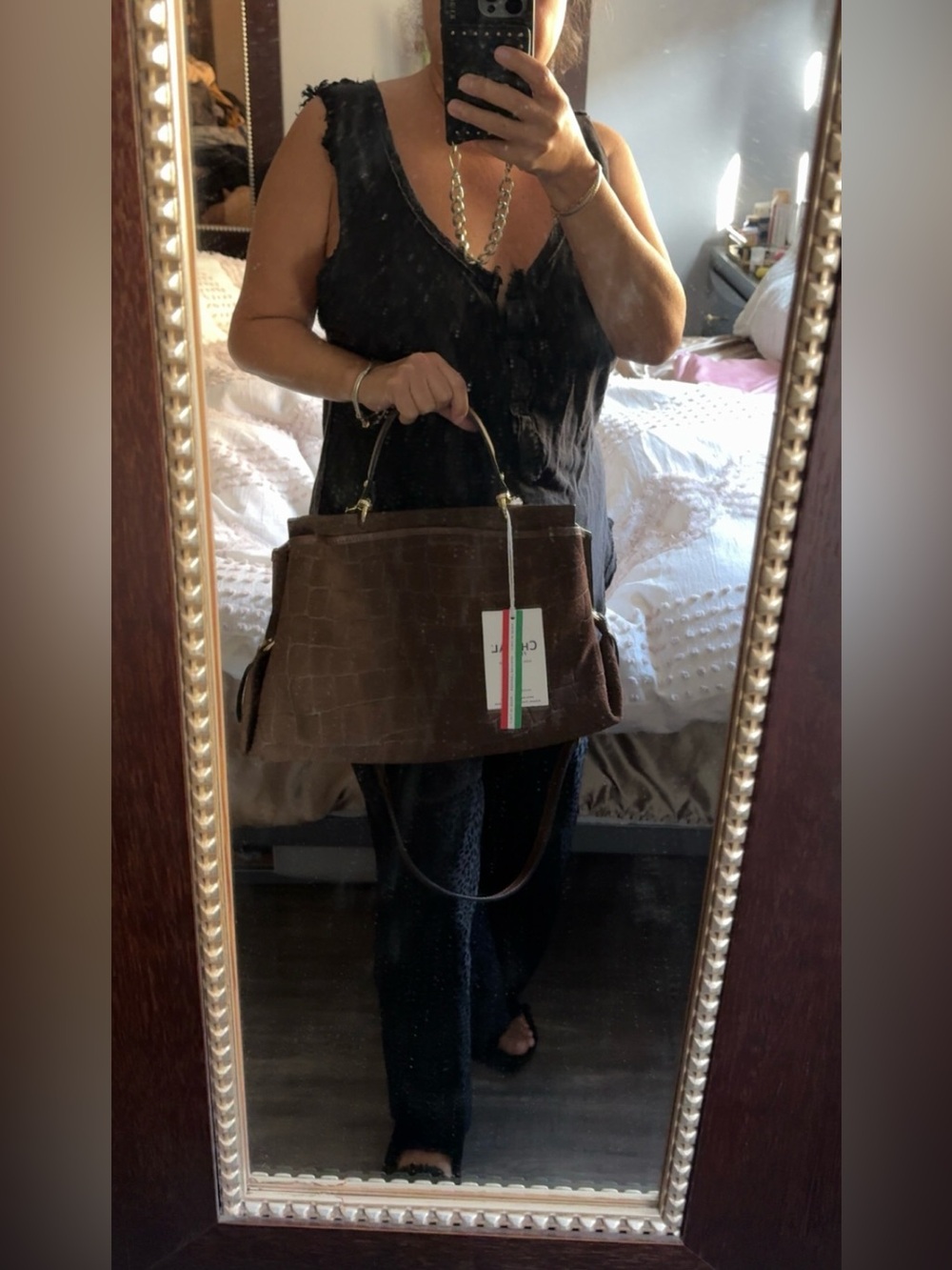 Brown Croc-Embossed Suede Top-Handle Women’s Bag - Picture 13 of 13